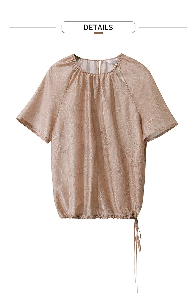 Damen T-Shirt im minimalistischen Sommer-Stil mit Kordelzug und Rundhalsausschnitt