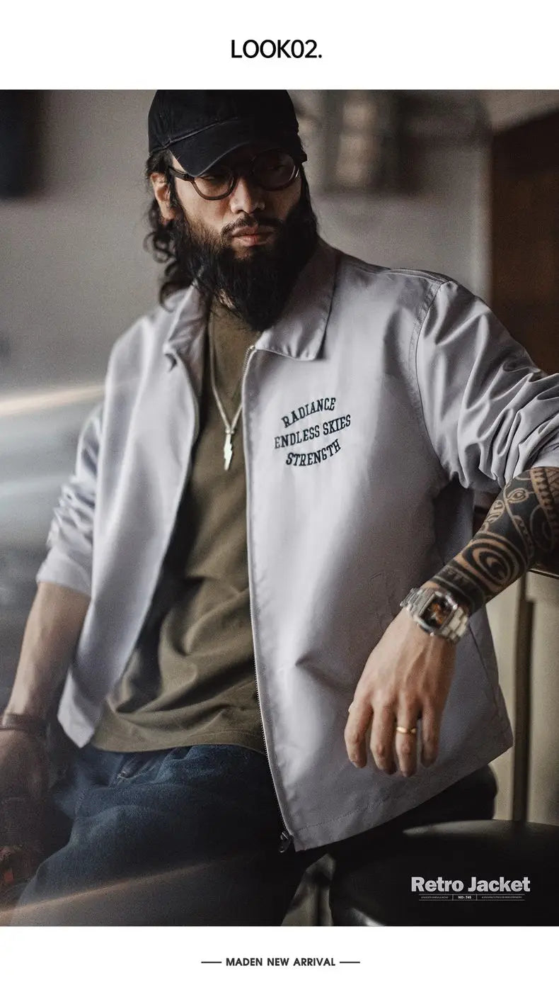 Herren Coach Jacke Vintage Gestickte Buchstaben Reißverschluss Notch-Revers Lässige Oberbekleidung