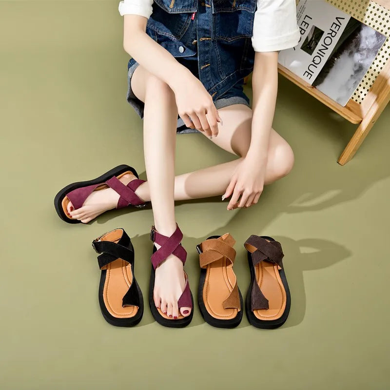 AIYUQI Sandalen für Damen, große Größe, Clip-Zehen, modisch, 2025, neue römische Damen-Sommersandalen, Wildleder, echtes Leder, Strandsandalen für Damen