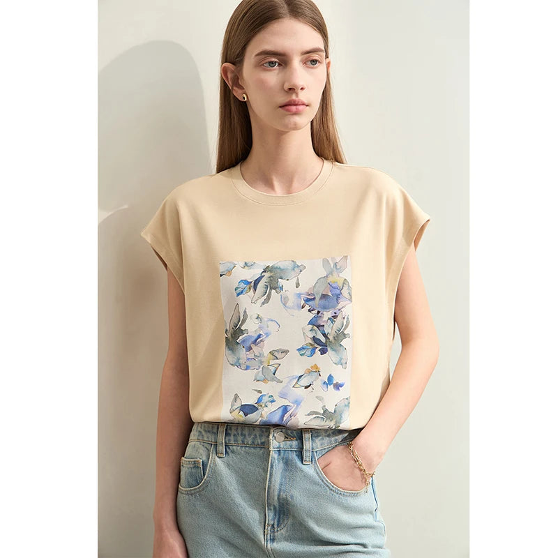 Damen T-Shirts im Minimalismus-Stil mit lässigem O-Neck und Blumen-Druck