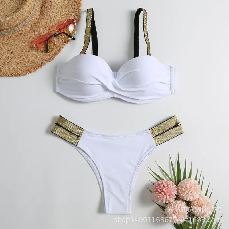 Sexy Bikini-Set in Rosenrot mit Strasssteinen – Push-Up-Badeanzug für Damen am Strand oder Pool