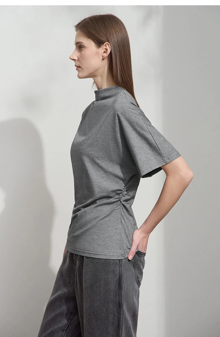 Damen T-Shirt im minimalistischen Sommer-Stil mit solidem Rollkragen und Kurzarm