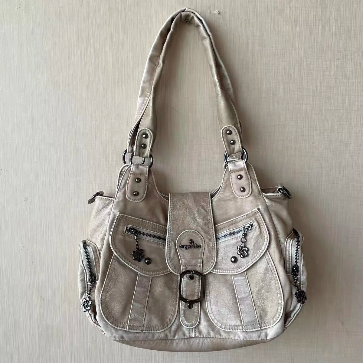 Damen-Schultertasche aus PU, beige, mit Top-Griff und Reißverschlussfächern vorn