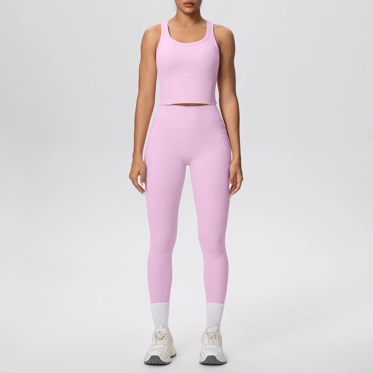 Damen-Yoga-Set mit kurzem Tanktop und High-Waist-Leggings, rosafarben