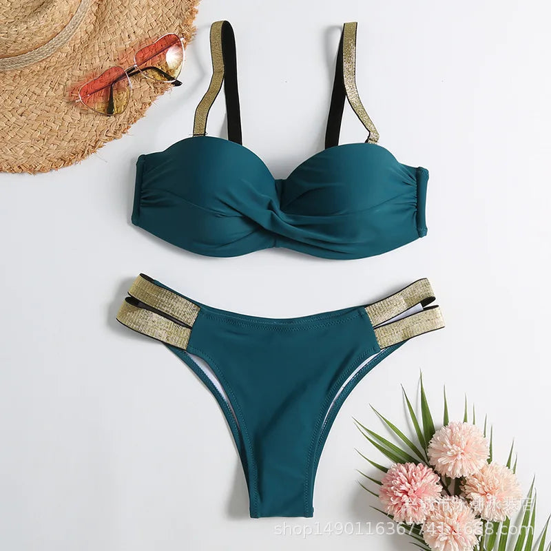 Sexy Bikini-Set in Rosenrot mit Strasssteinen – Push-Up-Badeanzug für Damen am Strand oder Pool