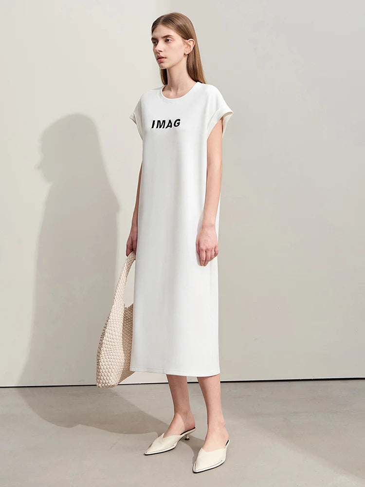 Damen Kleid für Sommer neue lässige O-Ausschnitt Kurzarm Midi gerade Perlen Stickerei Kleid Dame