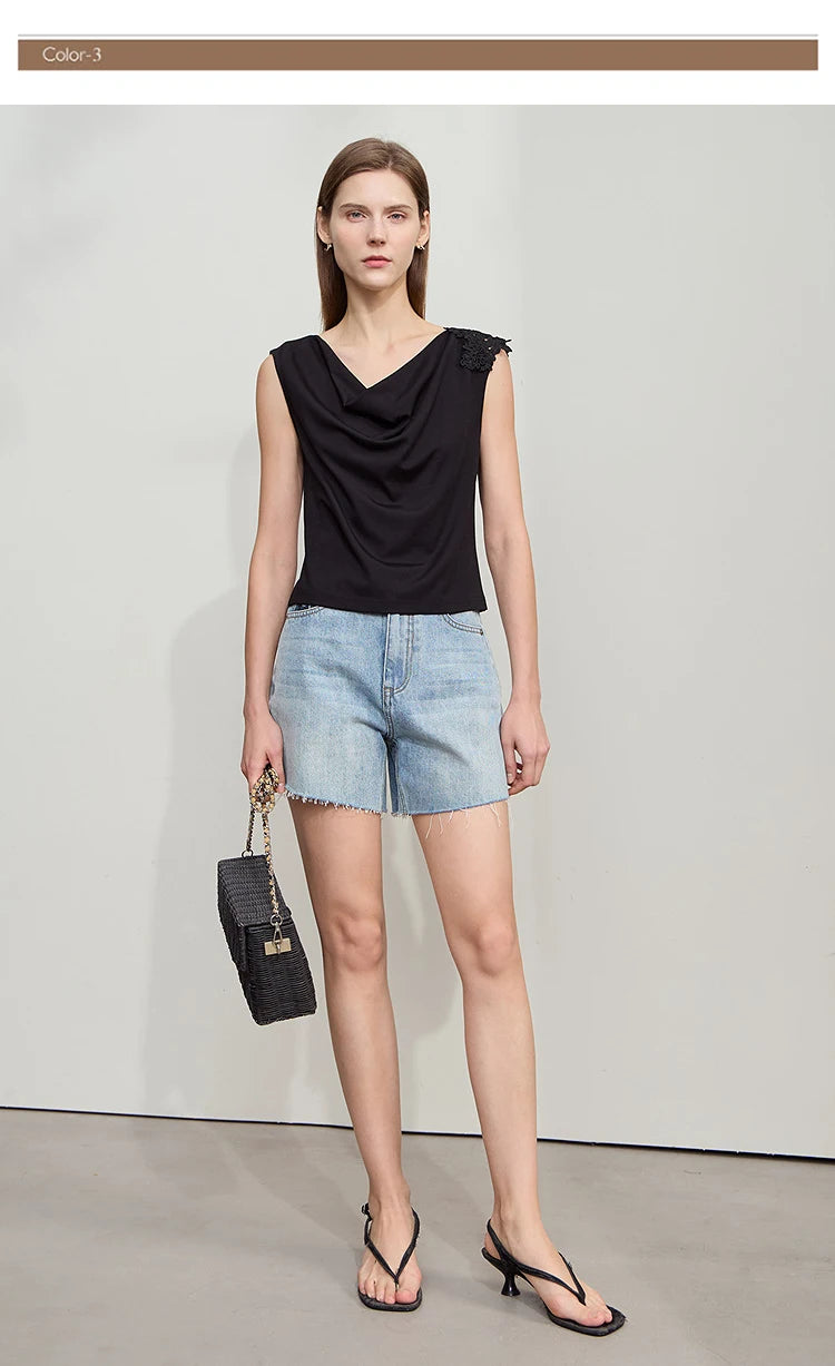 Damen Casual-T-Shirt im minimalistischen Stil mit Swing-Kragen und ärmellos