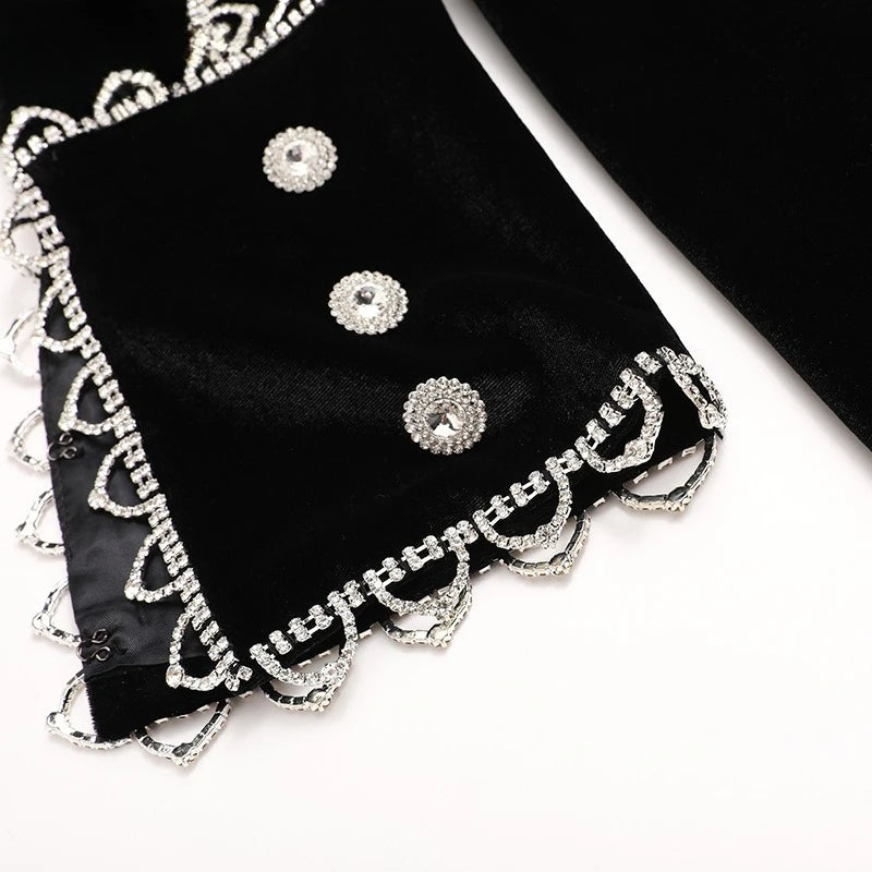 Elegantes Damen-Zweiteiler-Set mit V-Ausschnitt, langen Ärmeln und Perlenverzierung – Patchwork-Top mit Knöpfen und hoch taillierte Hose