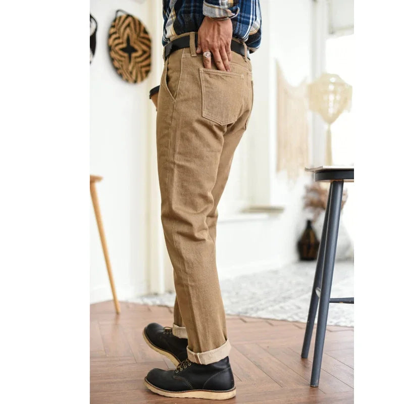 Herren Jeans aus Selvedge-Denim in Khaki mit Zipper Fly Casual