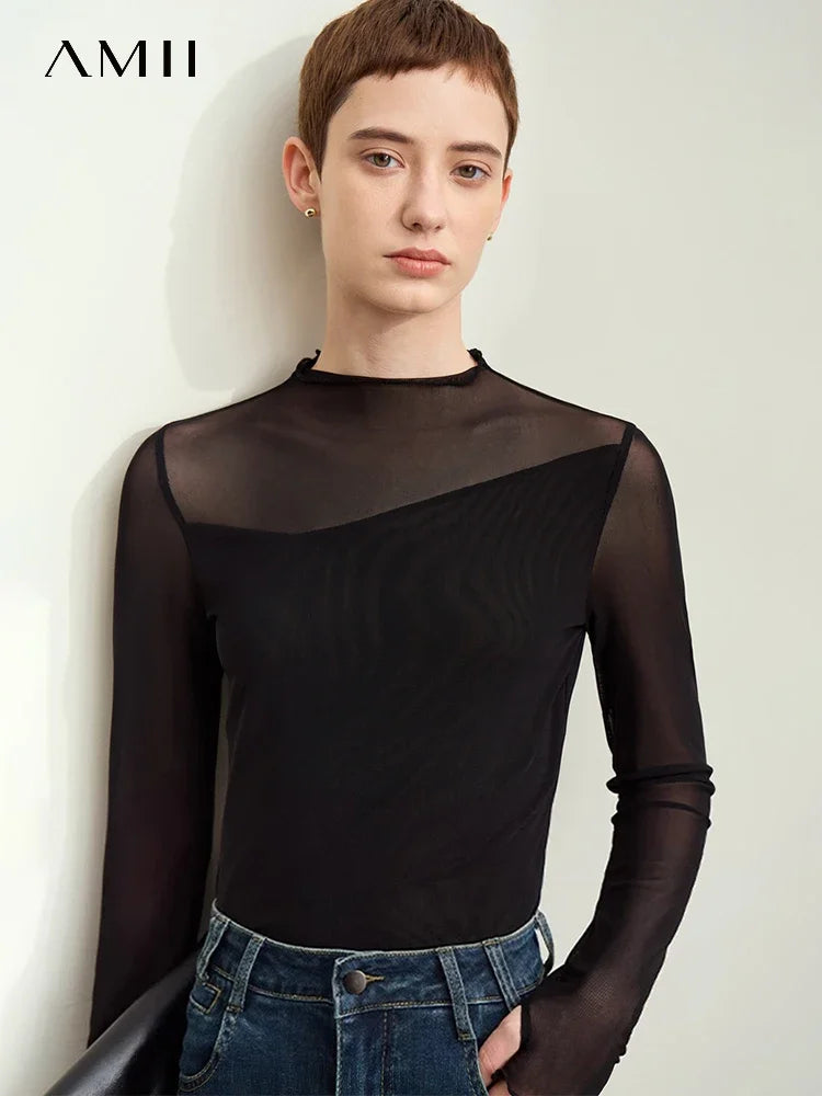 Damen Mesh-T-Shirt im minimalistischen Design mit halbhohem Ausschnitt