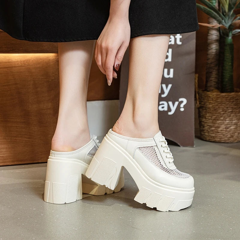 AIYUQI Hausschuhe Frauen High Heel 2025 Neue Sommer Closed Toe Frauen Hausschuhe 11 cm Höhe Mesh Plattform Hausschuhe Frauen