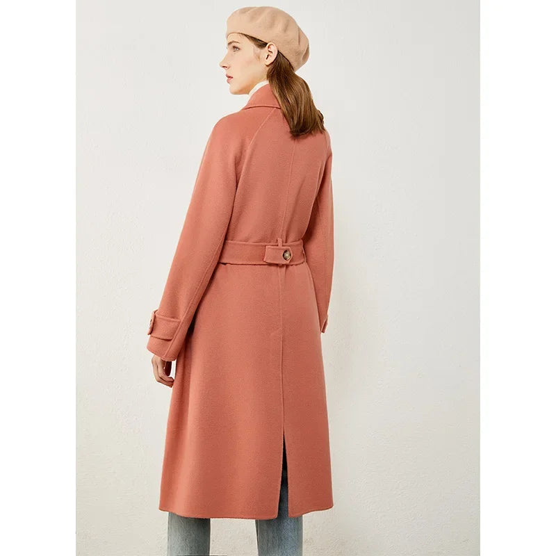 Damen Mantel aus 100 Prozent Wolle mit solidem Revers und Gürtel