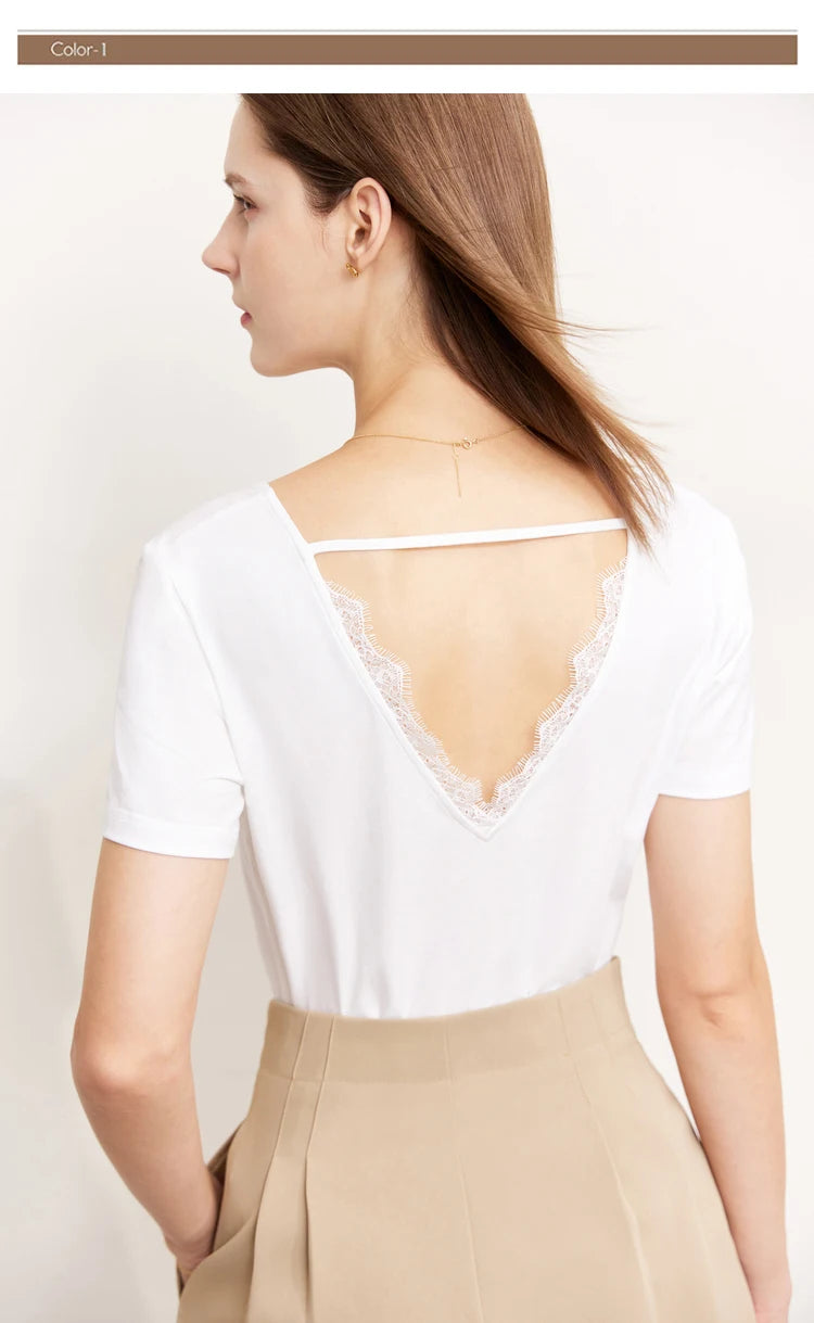 Damen T-Shirt aus mercerisierter Baumwolle mit V-Ausschnitt und Spitzen-Detail