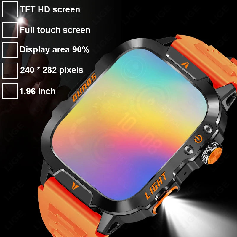LIGE Neue LED Taschenlampe Outdoor Smart Uhr 420 mAh Batterie Wasserdicht 100 + Sport Herzfrequenz Sprachanruf 1,96 "HD Smartwatch Männer