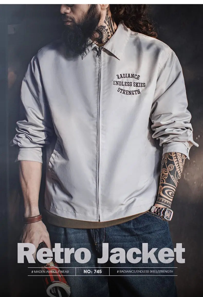 Herren Coach Jacke Vintage Gestickte Buchstaben Reißverschluss Notch-Revers Lässige Oberbekleidung