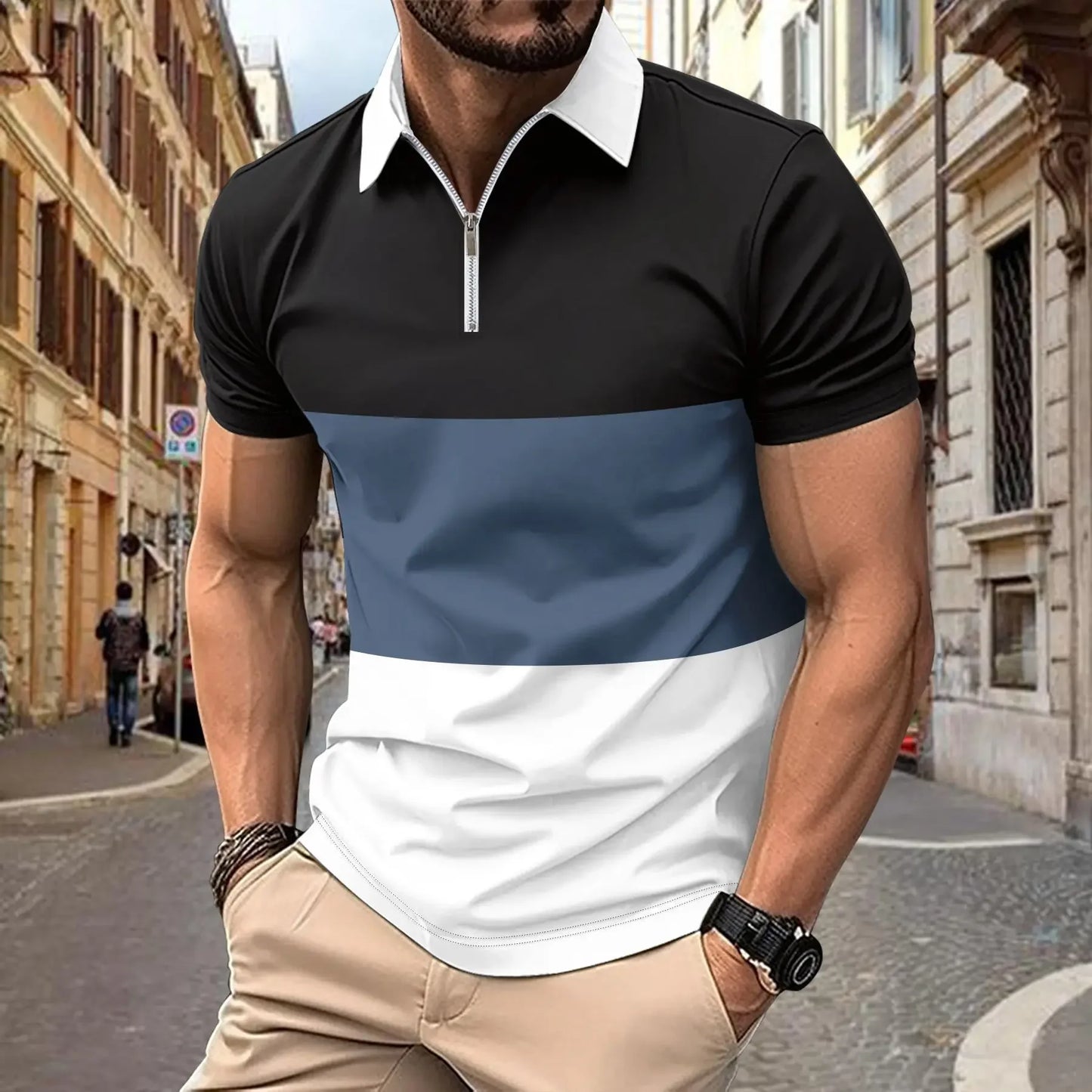 Kurzärmeliges Herren-Poloshirt mit Stehkragen im Camouflage-Design – lässig und in großen Größen erhältlich.