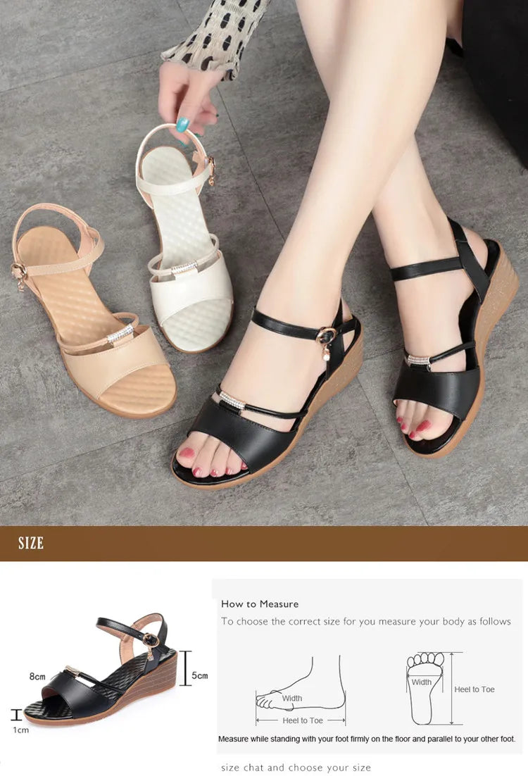 Damen-Sandalen mit Keilabsatz, Sommer, echtes Leder, große Größe 41, 42, 43, Damen-Sandalen, rutschfeste Mutter mittleren Alters, modische Sandalen