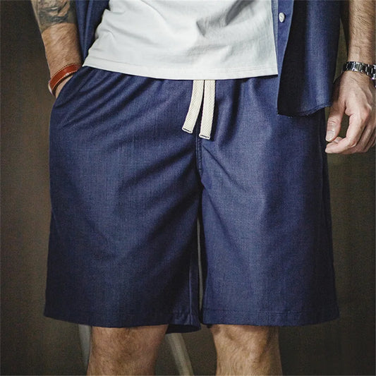 Herren Shorts im Retro-Stil aus gewaschenem Denim mit elastischem Bund und Kordelzug