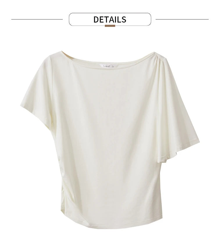 Damen T-Shirt im Minimalismus-Stil mit asymmetrischem Slash Neck und Raffen