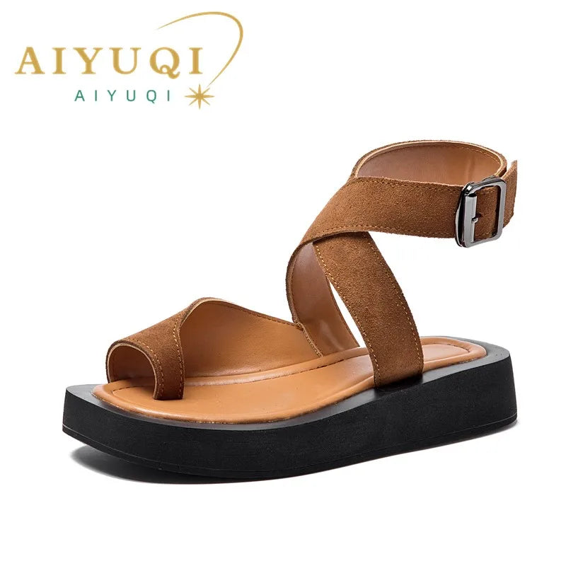 AIYUQI Sandalen für Damen, große Größe, Clip-Zehen, modisch, 2025, neue römische Damen-Sommersandalen, Wildleder, echtes Leder, Strandsandalen für Damen