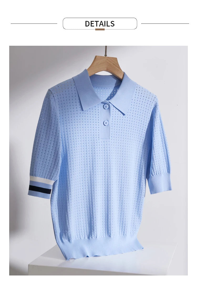 Damen Pullover im Minimalismus-Stil mit Polo-Ausschnitt und Kontrastfarben