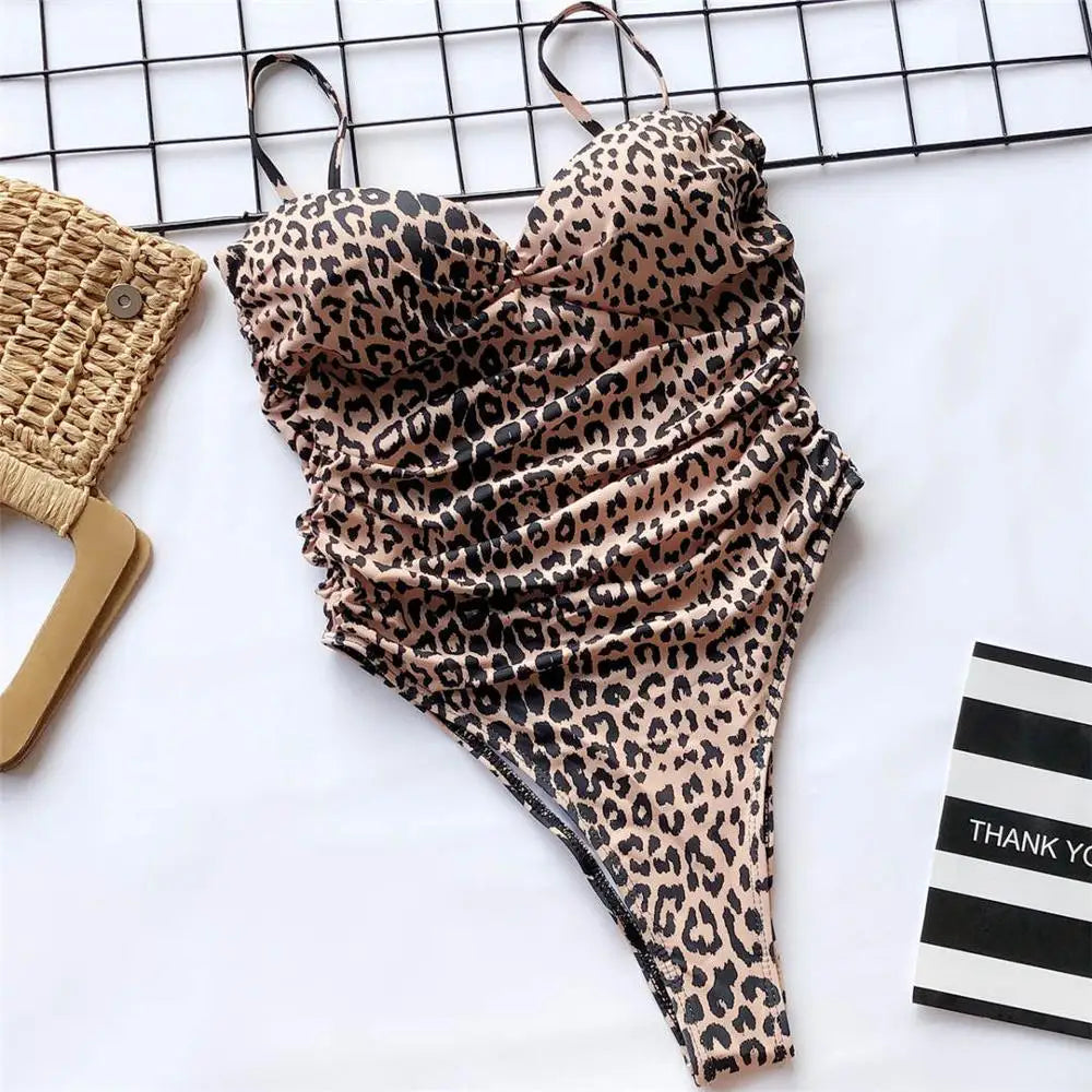 Damen-Badeanzug Leopard Push-Up Bandeau High-Cut gepolstert