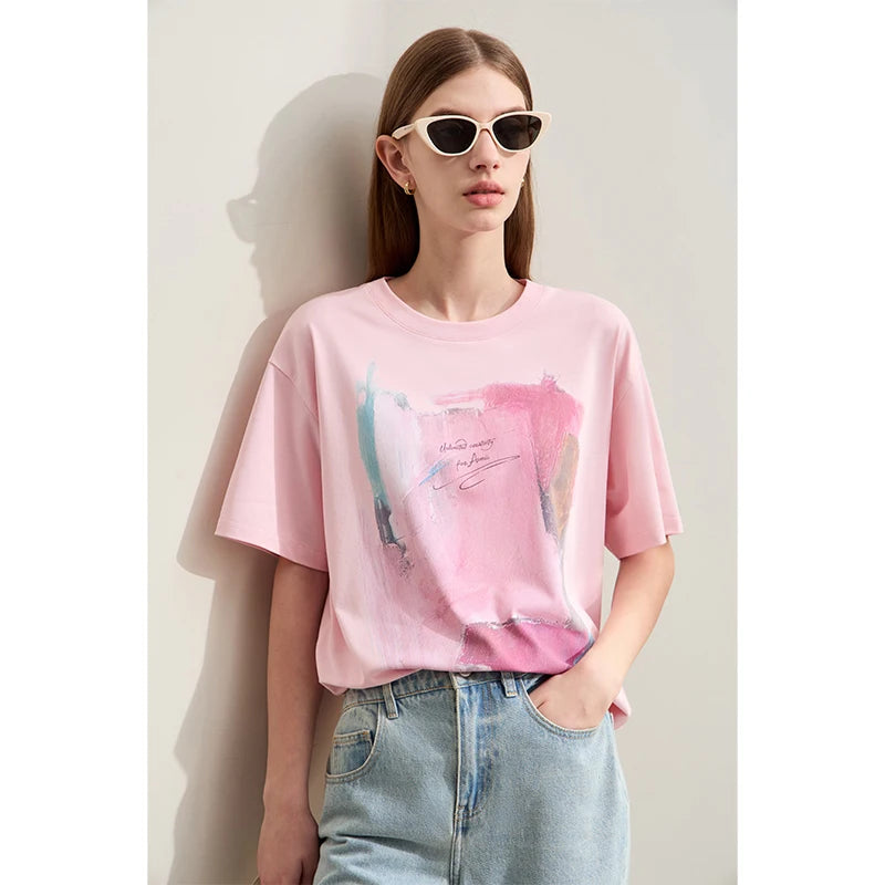 Damen T-Shirts im minimalistischen Stil mit abstraktem Druck für den Sommer