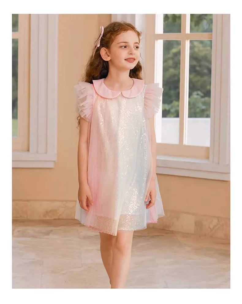 Sommerliches Mädchenkleid aus 100% Baumwolle im französischen Stil mit kurzen Ärmeln – lockere Passform für Kinder von 110cm bis 170cm
