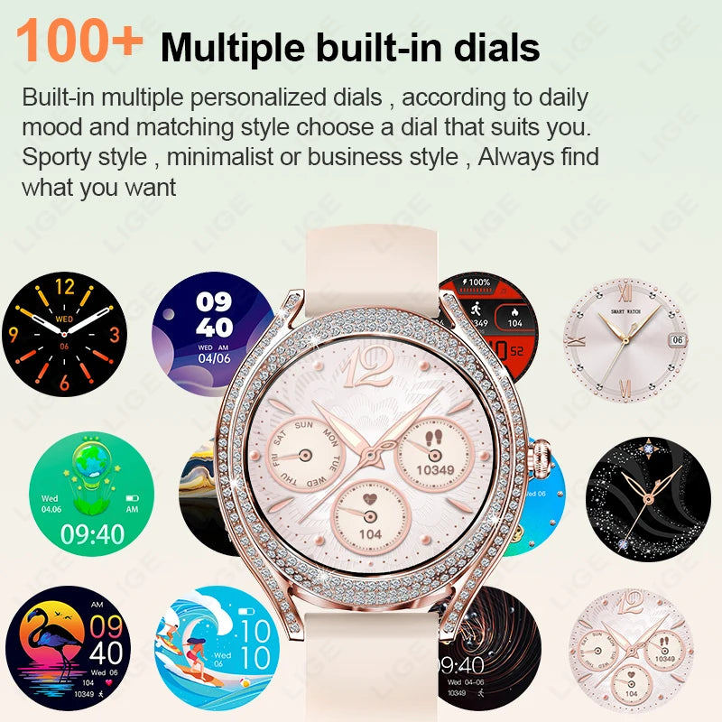 LIGE Neue Frauen Smart Uhr 1,28 Zoll Sport Fitness Armband BT HD Anruf Uhr Wasserdicht Diamant Fall Mode Smartwatch 2025