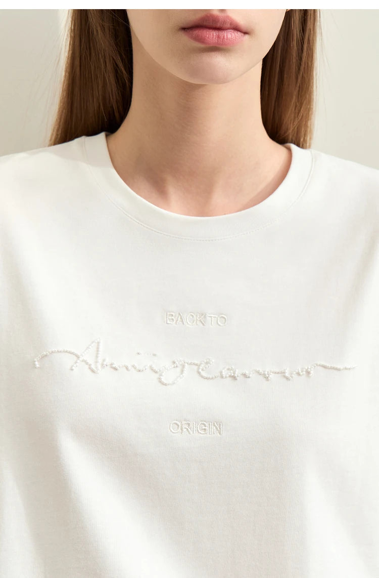 Damen T-Shirts im Minimalismus-Stil mit Kurzarm und Buchstaben-Stickerei