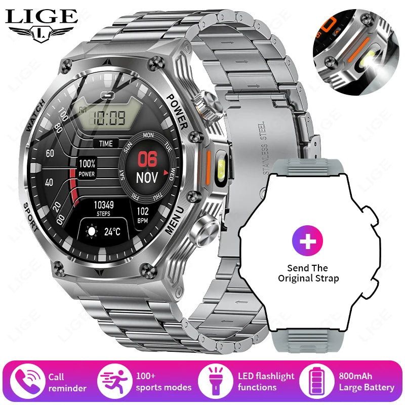 Männer Smartwatch mit robuster LED Taschenlampe und Bluetooth-Anruf-Funktion
