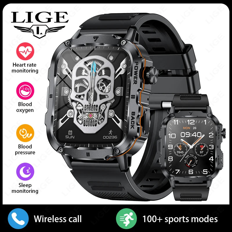LIGE Outdoor Militär Sport Smart Uhr Männer Frauen Fitness Track Herzfrequenz Blut Sauerstoff Wasserdicht BT Anruf 1,95-Zoll Smartwatch