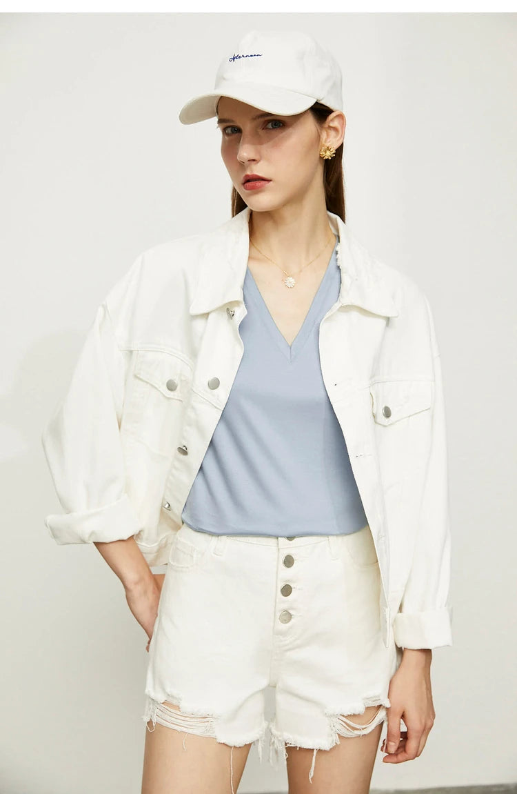 Damen Tops im Minimalismus-Stil mit V-Ausschnitt und kurzen Ärmeln