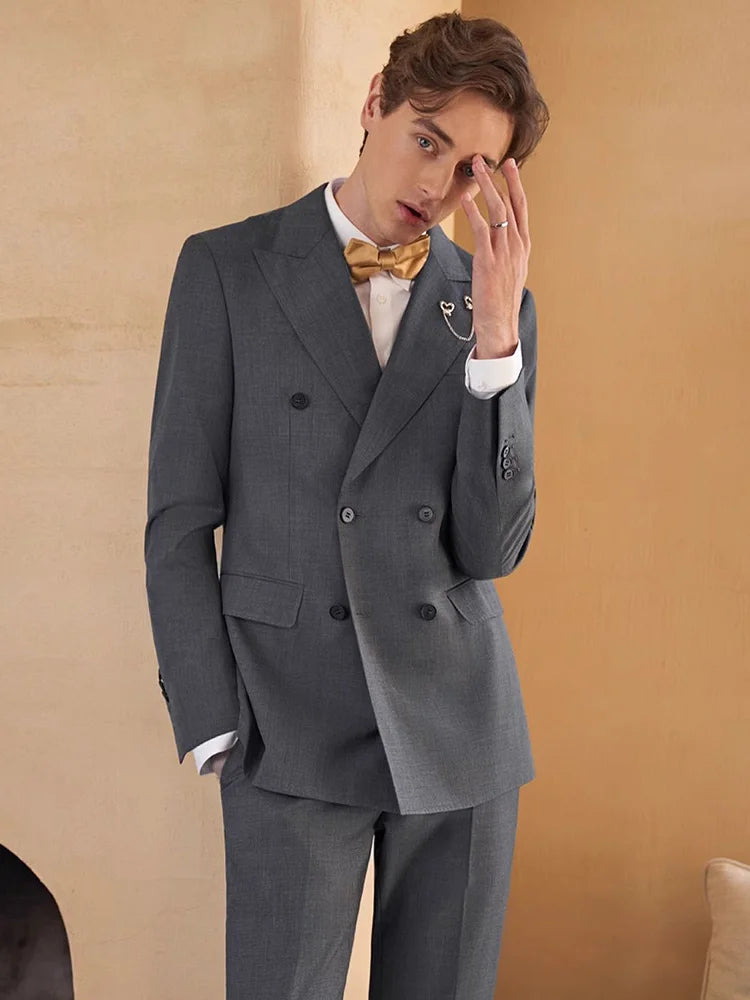 Eleganter Herrenanzug aus 30% Wolle: Grauer Slim-Fit Doppelreiher für Hochzeit & Business