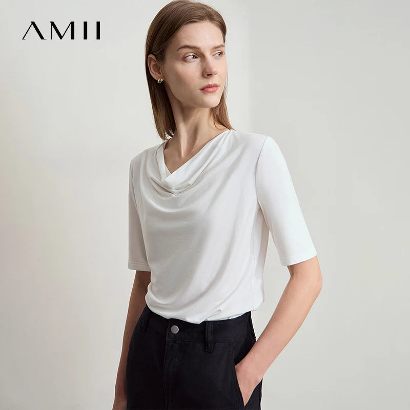 Damen T-Shirt mit drapierter Kragen- und besticktem Design aus modalem Strick
