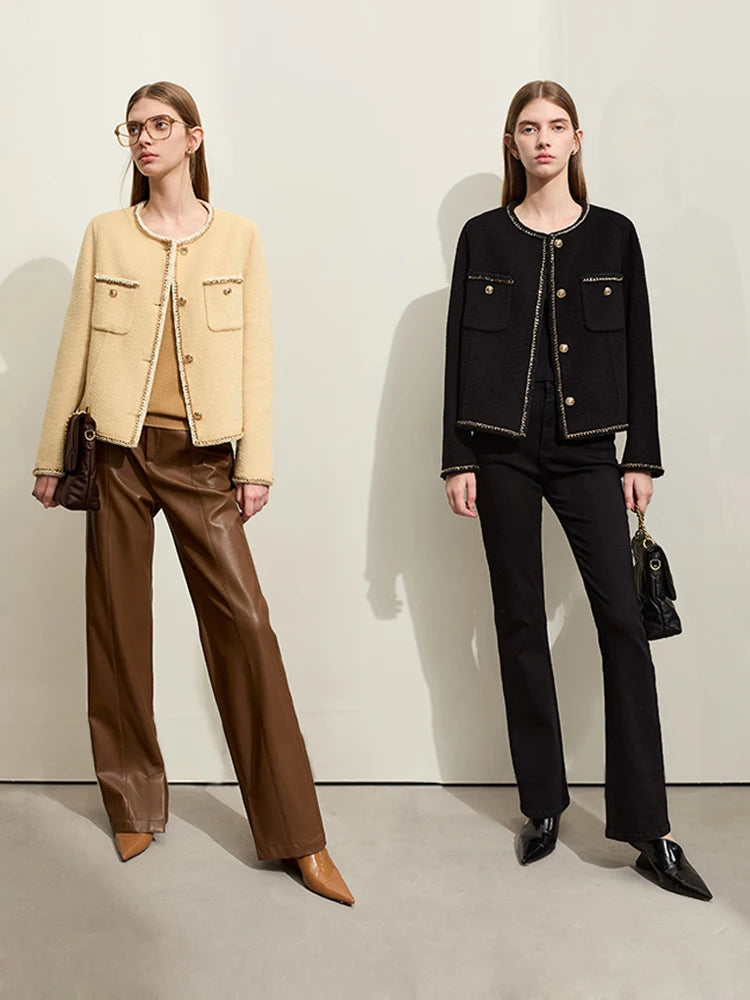 Damen Wollmantel im minimalistischen Stil mit Taschen und Knopfdekoration