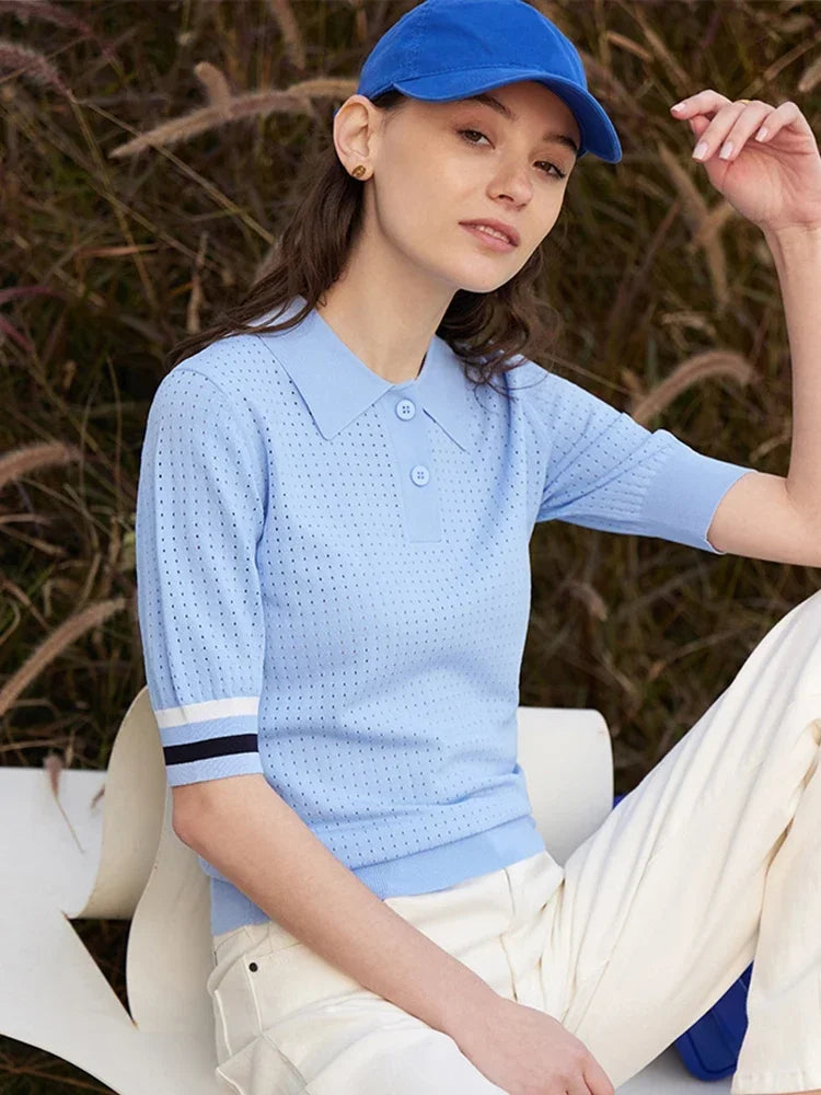 Damen Pullover im Minimalismus-Stil mit Polo-Ausschnitt und Kontrastfarben