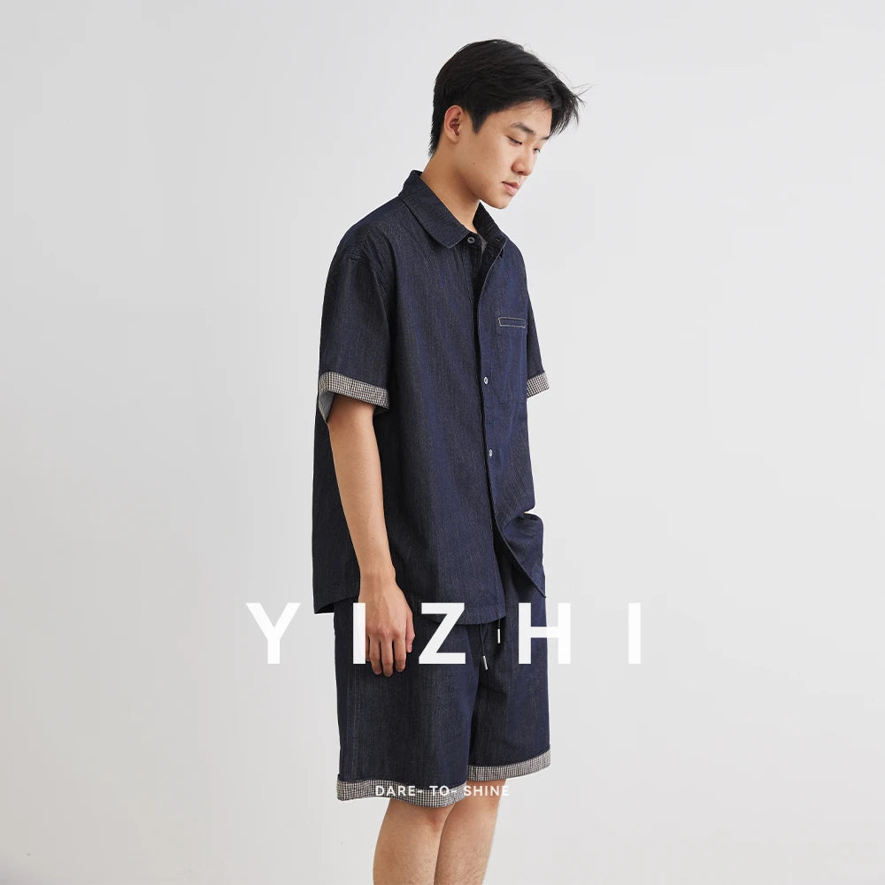 Männer Denim Anzug mit Revers Kurzarm Shirt und Shorts im Casual-Stil