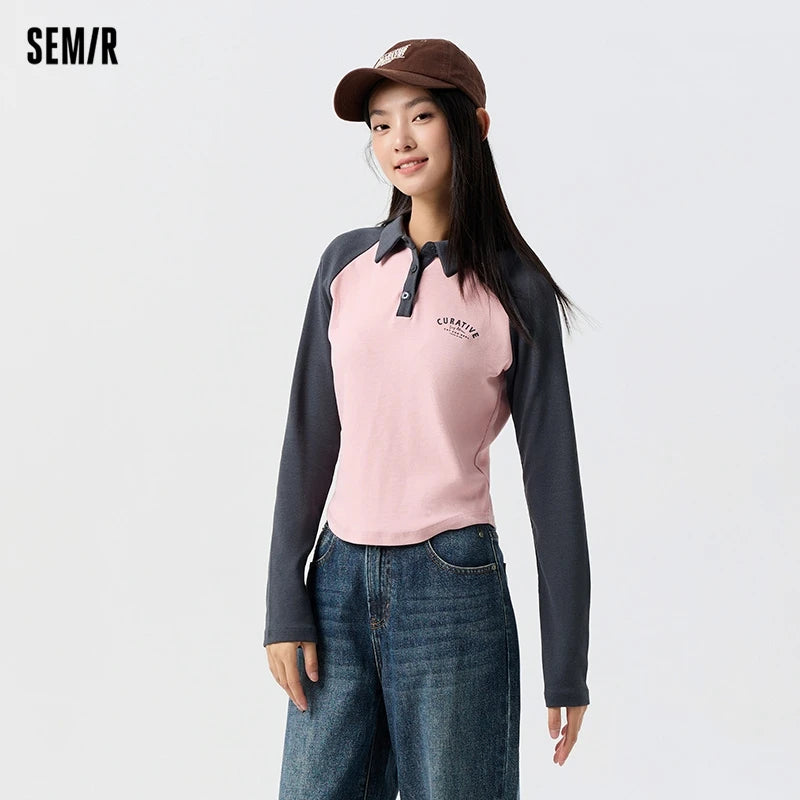 Semir Poloshirt für Damen, kurzer Stil, schmal, farbblockiert, Raglanärmel, 2024, Frühjahr, neues Oberteil mit Buchstabendruck