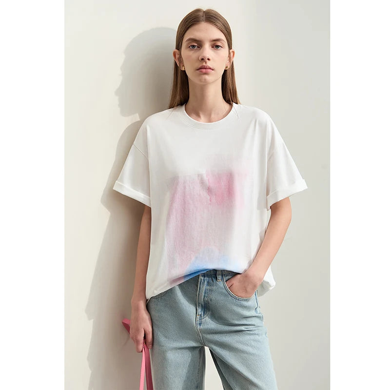 Damen T-Shirts im Minimalismus-Stil mit abstraktem Druck aus Baumwolle