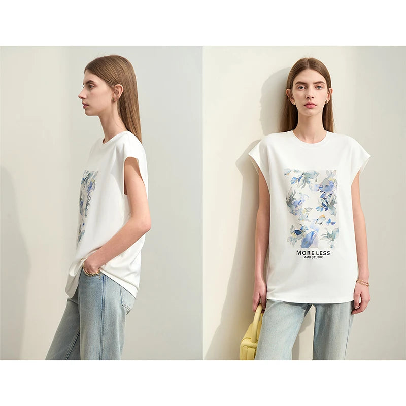 Damen T-Shirts im Minimalismus-Stil mit lässigem O-Neck und Blumen-Druck