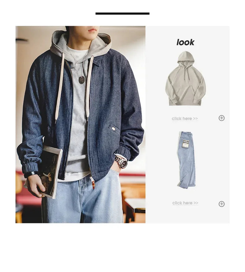 Herren Vintage-Jeansjacke Lockere Passform Revers-Reißverschlussjacke Kurze Blaue Mäntel
