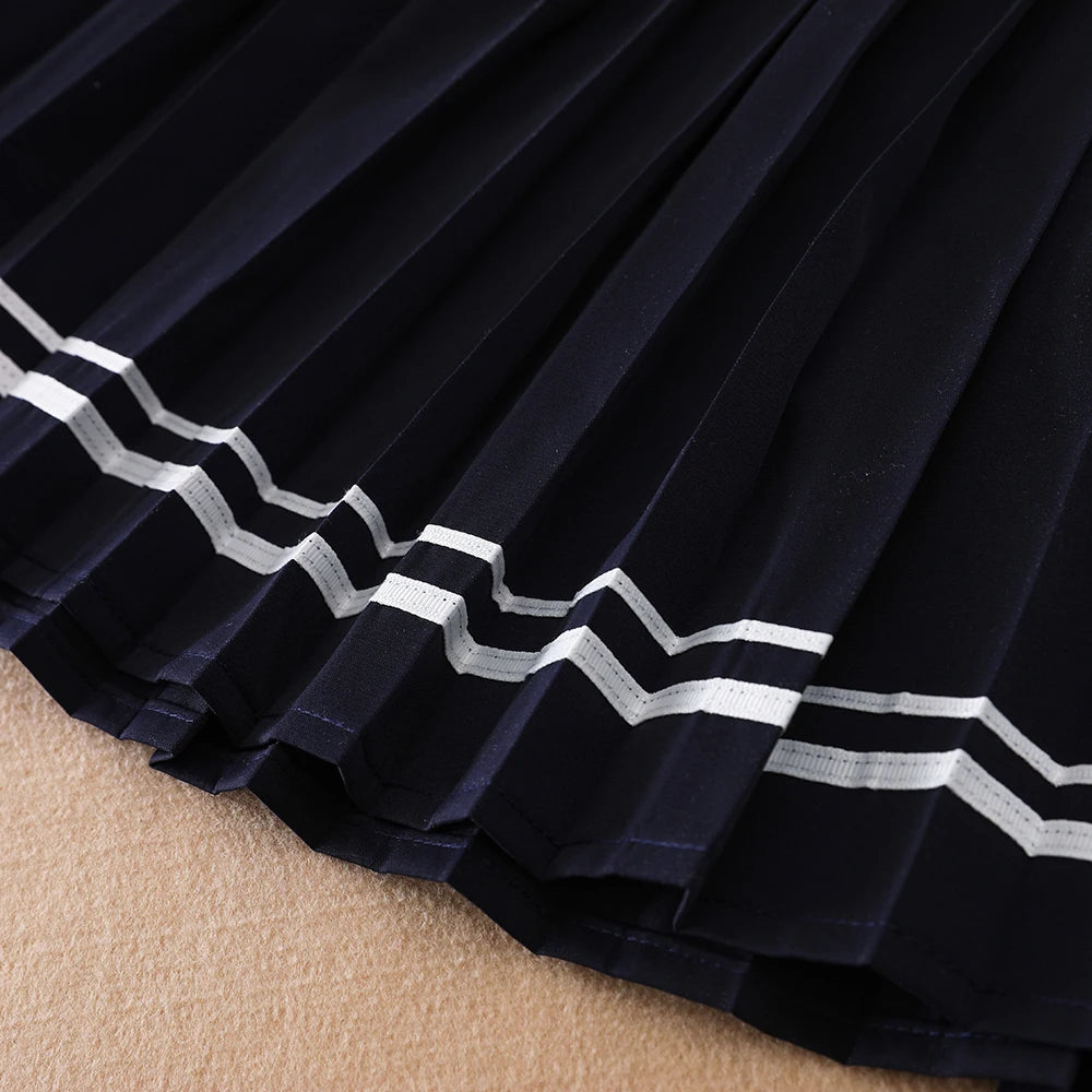 Kinder-Sommerkleid, Marineblau und Weiß, Mädchenkleid im Matrosenstil, kurzärmeliges, plissiertes Kleid mit Kragen und Schleife, Kinder-Schulkleidung