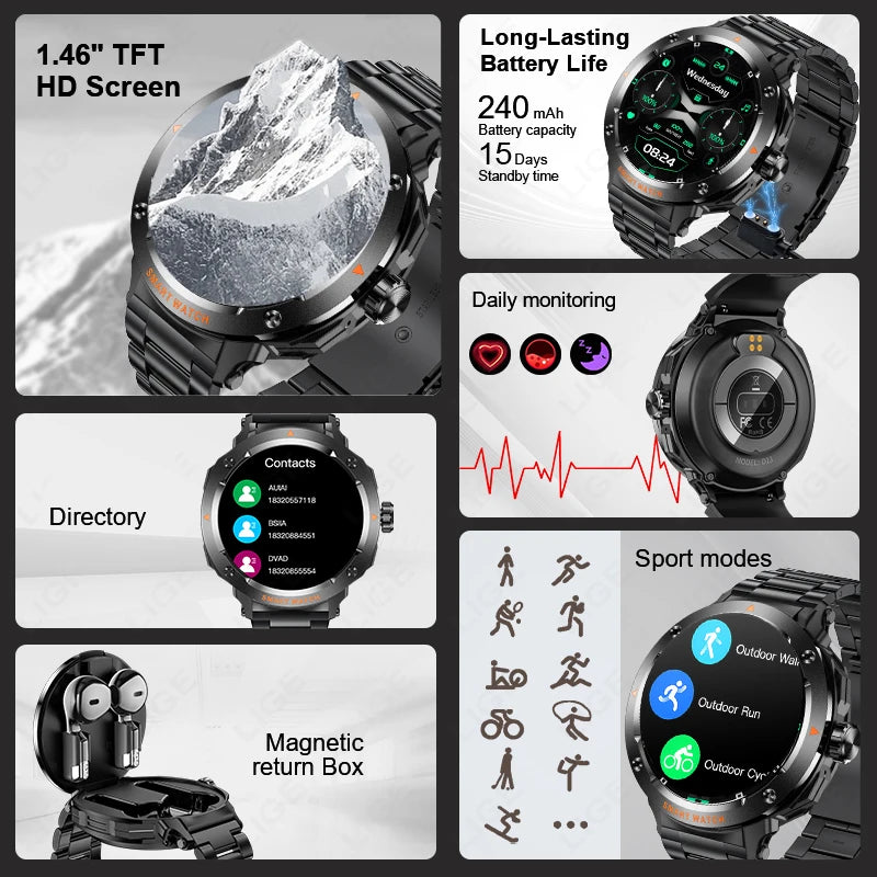 LIGE Neue TWS 2-in-1 Smart Uhr Mit Headset Bluetooth Anruf NFC Smartwatch Männer Herzfrequenz Blut sauerstoff Spielen Musik Ohrhörer Uhr