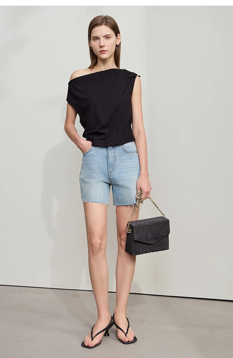 Damen Casual-T-Shirt im minimalistischen Stil mit Swing-Kragen und ärmellos