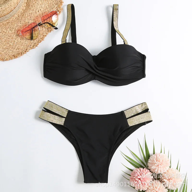 Sexy Bikini-Set in Rosenrot mit Strasssteinen – Push-Up-Badeanzug für Damen am Strand oder Pool