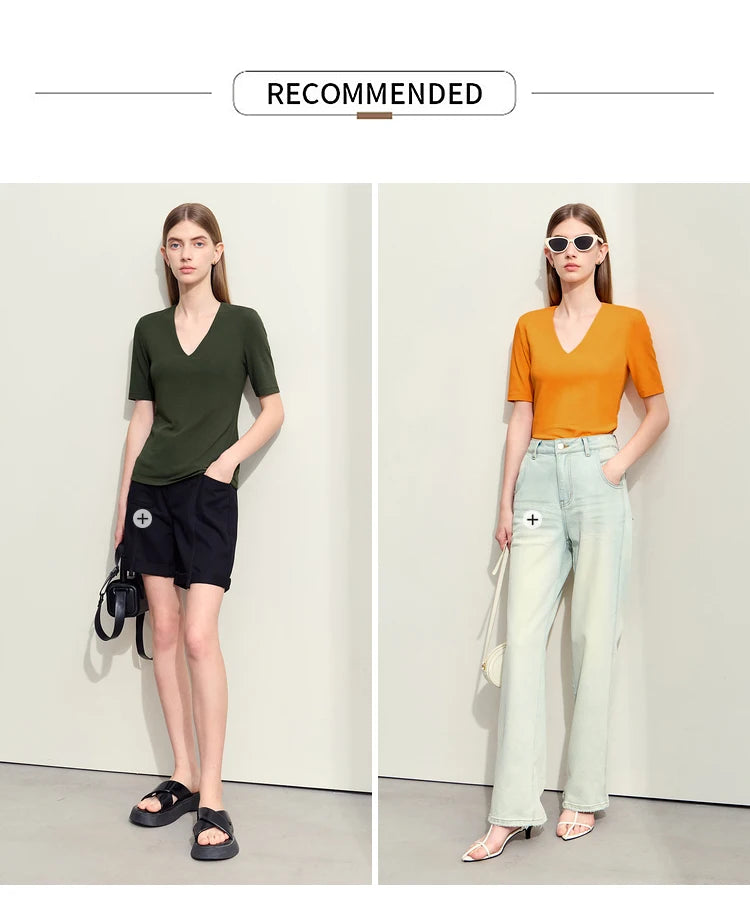 Damen T-Shirt im Minimalismus-Stil mit V-Ausschnitt und halben Ärmeln