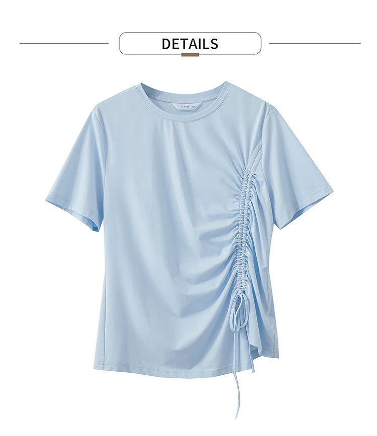 Damen Sommer T-Shirt mit Rundhals und Kordelzug in lässiger Form