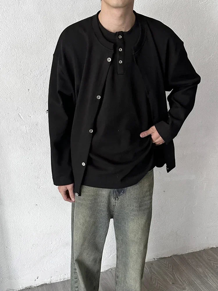 Herbst Vintage gefälschte zweiteilige Sweatshirts für Männer einfarbige Henley Neck Button Jacken koreanische Mode lose y2k Sudaderas