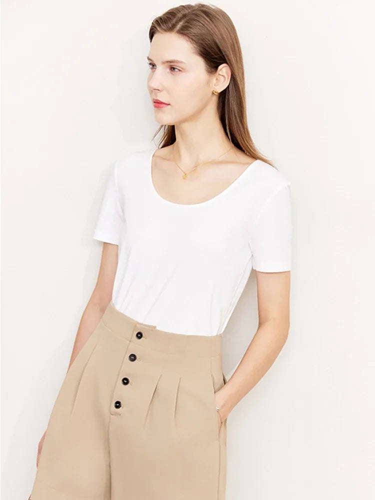 Damen T-Shirt aus mercerisierter Baumwolle mit V-Ausschnitt und Spitzen-Detail